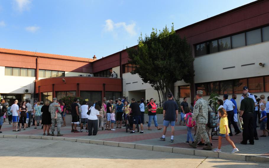 Airmen and their children gather for the first day of school at Incirlik Air Base, Turkey, in 2011. The Air Force is looking into ending a 2016 policy that shifted the base to unaccompanied tours lasting one year.