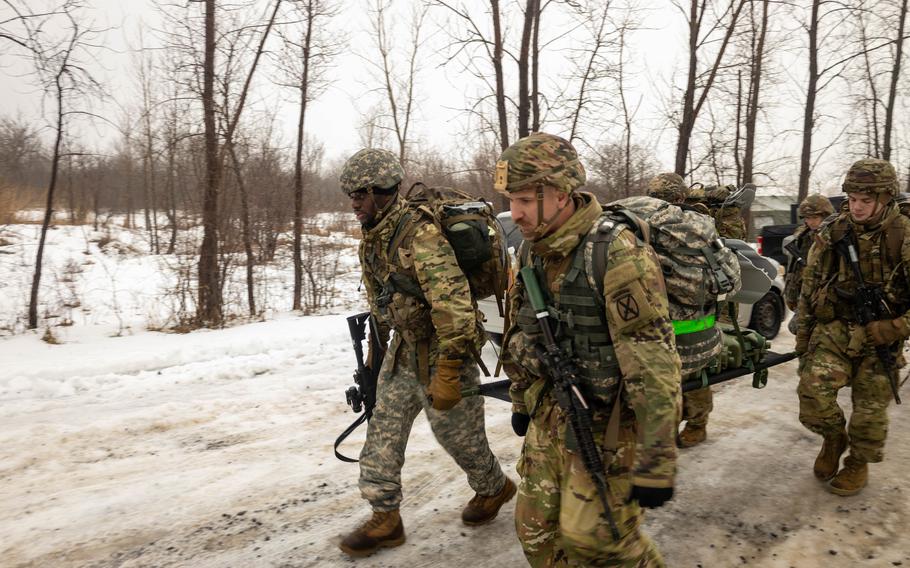 Soldiers with the 10th Mountain Division participate in the 2023 D-Series Winter Challenge. The competition has been held yearly since 2018 at Fort Drum in order to help commemorate the hardships and trials that the original 10th Light Division (Alpine) soldiers went through to prepare for combat.