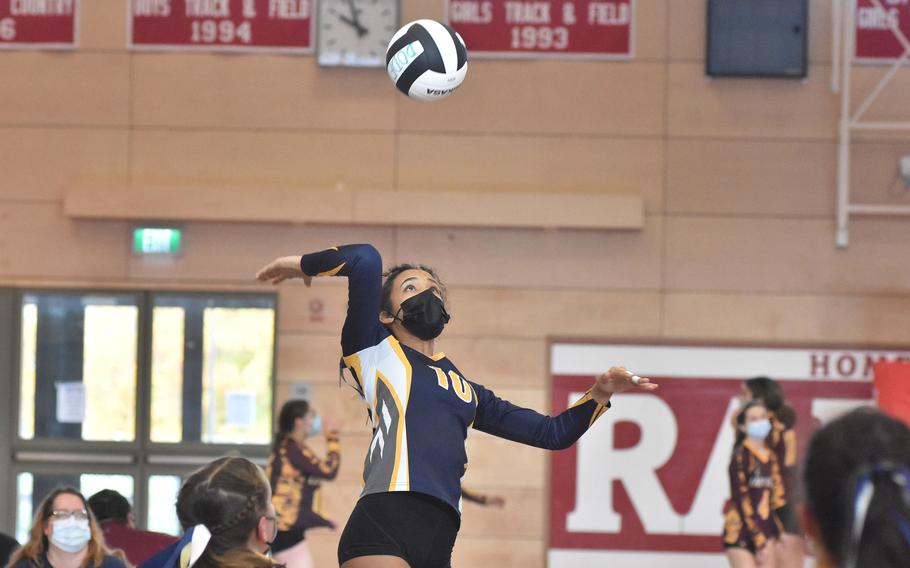 Ansbach's Laila McIntyre goes up for a spike during round-robin play at the DODEA-Europe Division III tournament Friday, Oct. 29, 2021, in Kaiserslautern, Germany.