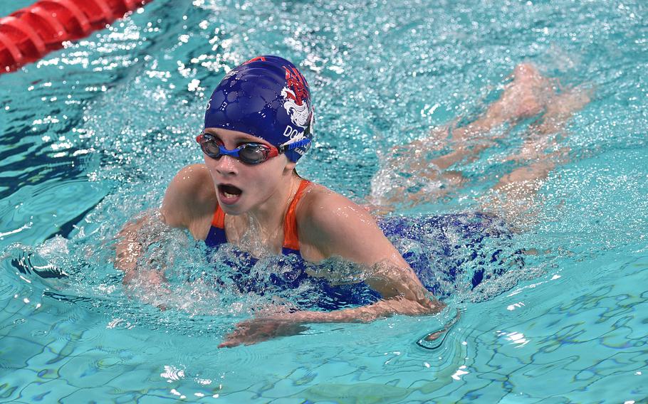 Matilda Douglass of Aviano does the breastsroke in the 10-year-old girls 200-meter individual medley Sunday during the European Forces Swim League Short Distance Championships at the Pieter van den Hoogenband Zwemstadion at the Zwemcentrum de Tongelreep in Eindhoven, Netherlands.