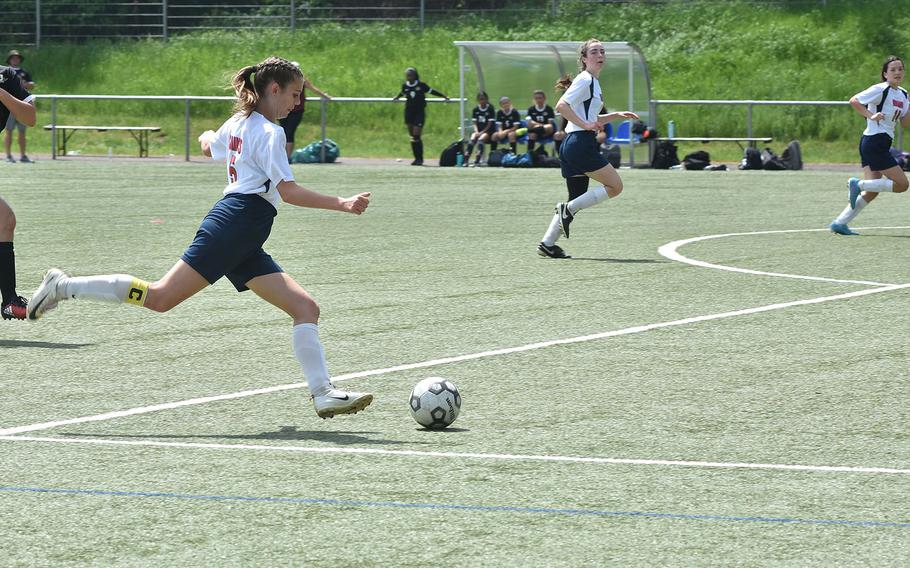 Aviano's Makinley Carroll gets set to boot the ball ahead on Tuesday, May 17, 2022, at the DODEA-Europe girls Division II soccer championships at Landstuhl, Germany.