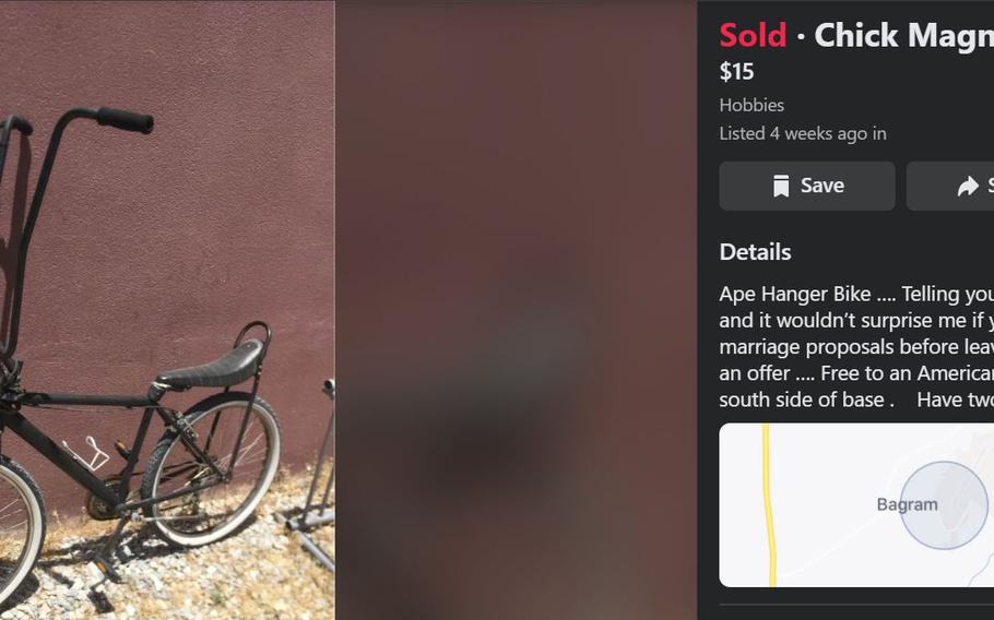 A ''chick magnet'' bike with ape-hanger handlebars was among the random items being offered on the Facebook group ''Bagram Buy, Sell, Trade,'' in June 2021, as the U.S. was finishing up its withdrawal from Bagram Airfield after nearly 20 years of war in Afghanistan. Residents of the sprawling base used bikes to get around throughout the war.