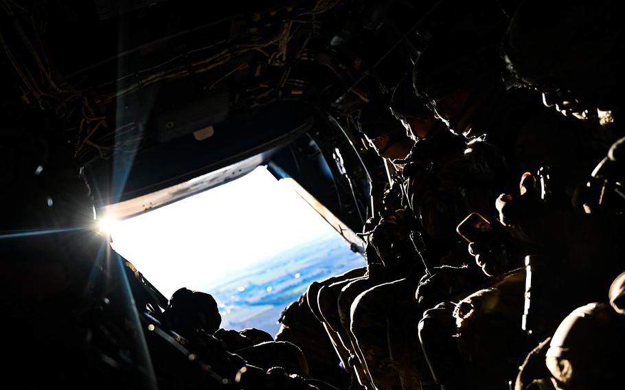 A Marine Corps MV-22 Osprey assigned to Marine Medium Tiltrotor Squadron 365 carries Army paratroopers during an exercise Dec. 7, 2021, at Aviano Air Base, Italy. Naval Air Station Sigonella in Sicily is now the home base of the squadron. 