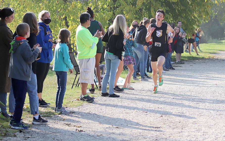 Vicenza's Matthew Horner finished in second place with a time of 17:29 at the DODEA South cross country championships Saturday, Oct. 23, 2021, at Lago di Fimon, Italy.