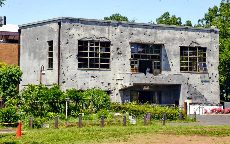 A building with bullet holes.