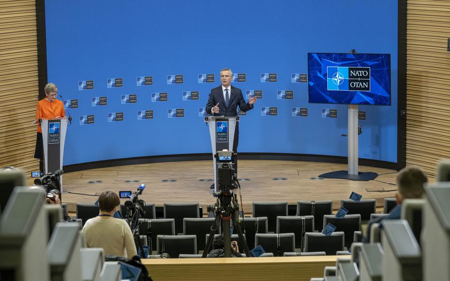 NATO Secretary-General Jens Stoltenberg briefs reporters following a meeting of the NATO-Ukraine Commission Feb. 22, 2022, in Brussels, Belgium. Stoltenberg called Russia’s invasion of Ukraine “a grave breach of international law, and a serious threat to Euro-Atlantic security.” 