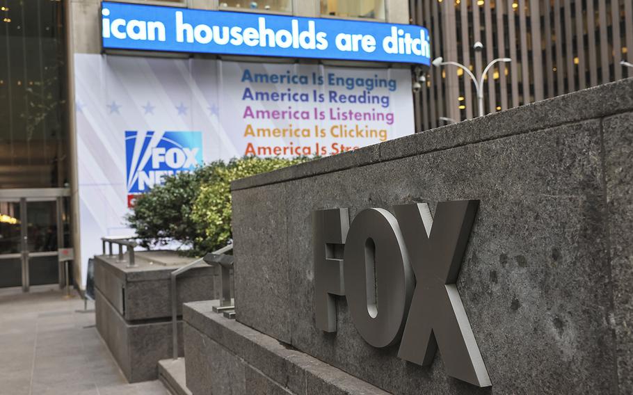 A Fox logo is displayed on the News Corp. building on Jan. 25, 2023, in New York. 