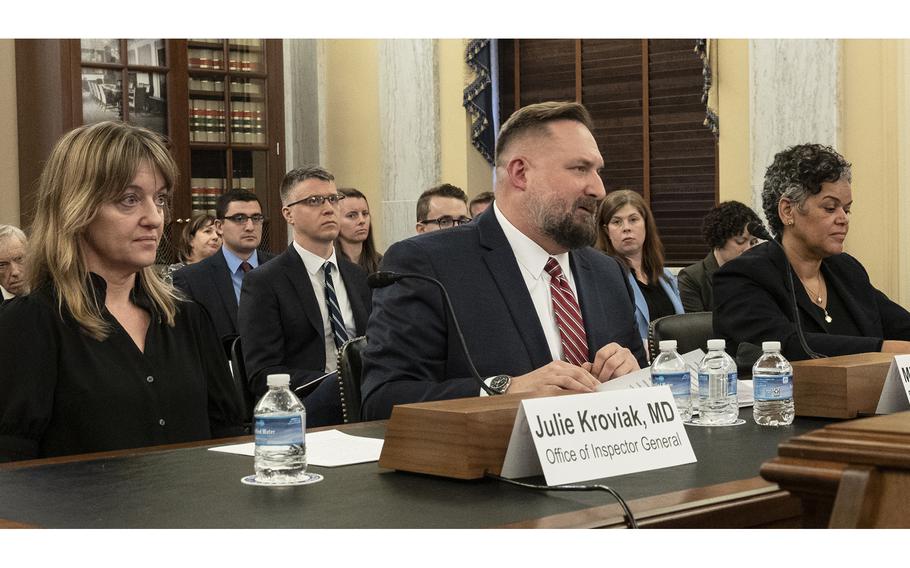 Michael Fisher, chief officer of the Veterans Health Adminstration’s Readjustment Counseling Service, testifies Wednesday, Jan. 31, 2024, at a House Veterans’ Affairs Committee hearing on support for the mental health needs of service members, veterans and their families. At left is Julie Kroviak, principal deputy assistant inspector general in the Office of Healthcare Inspections, and at right is Sharon Silas, director of the Government Accountability Office’s Health Care Team.