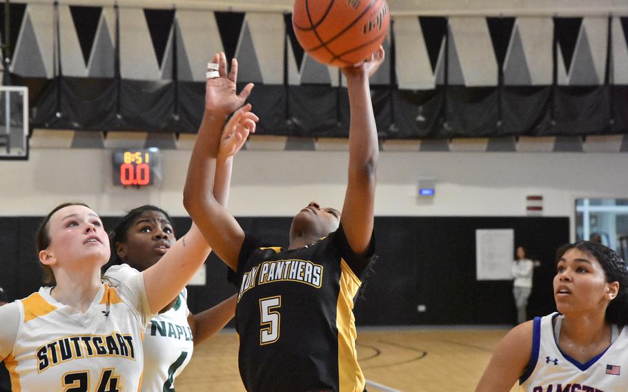 Stuttgart senior teammates turned foes (at least on Saturday) Ella Kirk, left, and Macayla Hines might have played their last organized basketball game in Europe at the DODEA-Europe Girls All-Star Basketball Game in Vicenza, Italy.