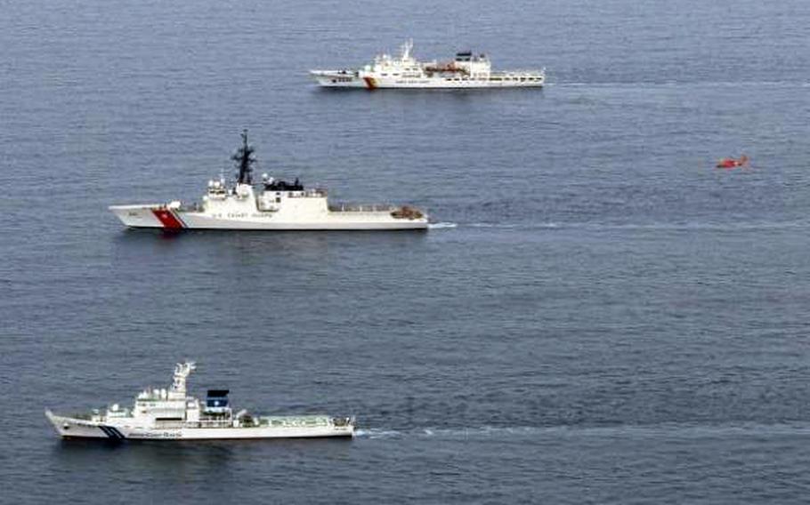 Coast guard patrol ships from the United States, Japan and South Korea train together for the first time on June 7, 2024, in the Sea of Japan. 