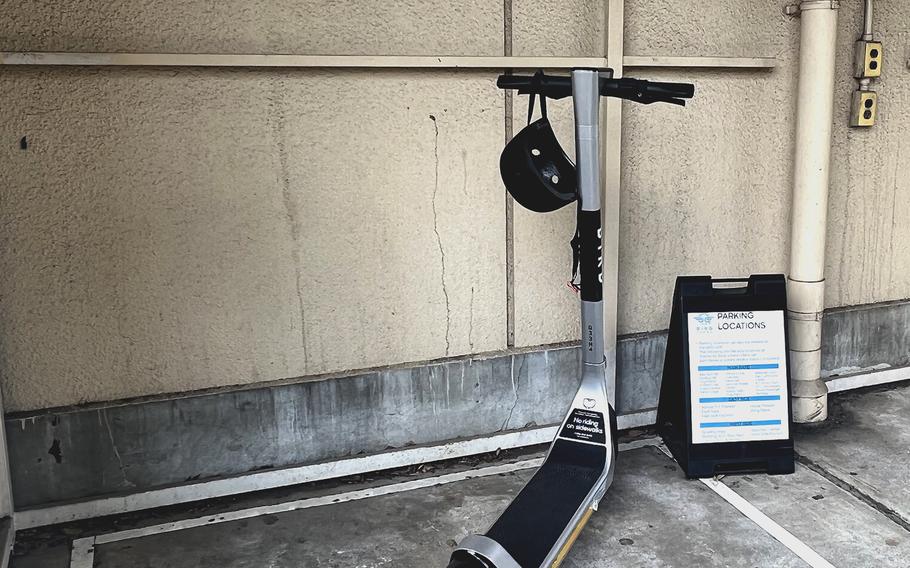 A lone Bird electric scooter awaits its final rider on the east side of Yokota Air Base, Japan, Sept. 13, 2020. 