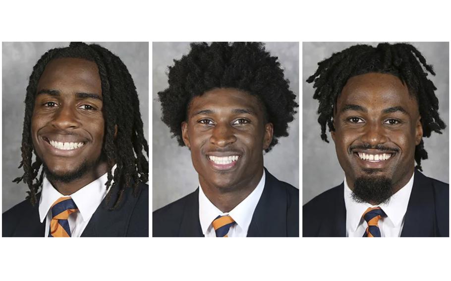 This combo of undated image provided by University of Virginia Athletics shows NCAA college football players, from left, Devin Chandler, Lavel Davis Jr. and D'Sean Perry. 