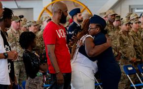Senior Airman Ayanna Dickerson, 1st Special Operations Munitions Squadron aircraft armament systems technician, embraces Senior Airman Roger Fortson’s mother after singing the national anthem during a memorial service, Hurlburt Field, Florida, May 20, 2024. Several attendees shared messages and memories as the essence of Fortson’s life unfolded before those who gathered. Stories of dedication, selflessness, service and enthusiasm underscored his impact on the collective gunship and Team Hurlburt community. (U.S. Air Force photo by Staff Sgt. Alex Stephens)