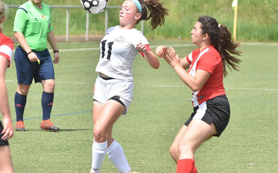 Naples' Emma Kasparek tries to control the ball to set up a shot against American Overseas School of Rome on Tuesday, May 17, 2022, at the DODEA-Europe girls Division II soccer championships at Landstuhl, Germany.