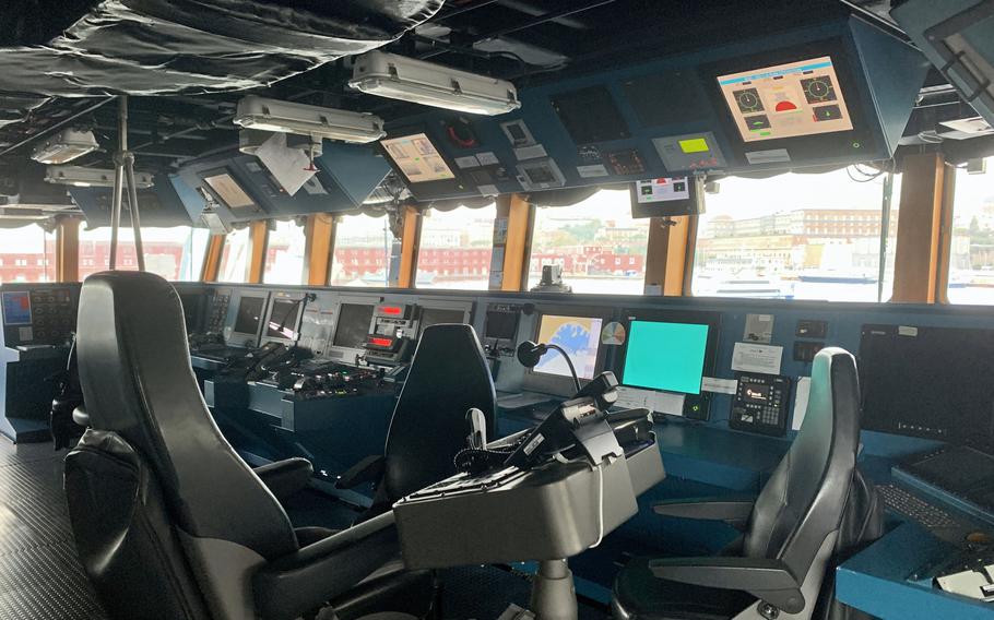 The bridge of the stealth Italian frigate ITS Virginio Fasan as seen Sept. 22, 2023. The ship's armament includes two anti-surface and anti-air guns, two machine guns, an anti-air missile system with Aster 15 and Aster 30 missiles and two torpedo launchers. 