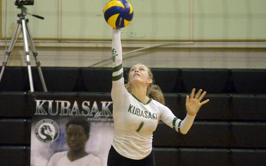 Kubasaki’s Emma Leggio recorded 12 kills against Kadena during Thursday’s Okinawa volleyball match. 