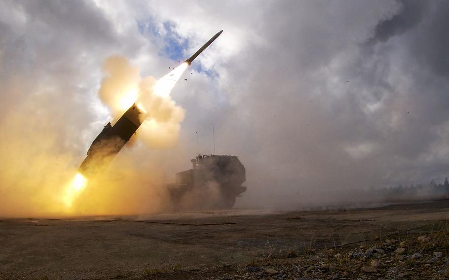 A U.S. Army High Mobility Artillery Rocket System from the 3rd Battalion, 321st Field Artillery Regiment, fires as part of Nordic Strike 22, at Vidsel Test Range, Sweden, in September 2022. V Corps on Thursday said it is launching a HIMARS apprenticeship program for allies and partners. 