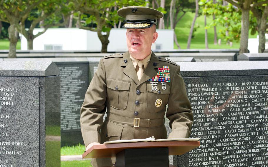 Lt. Gen. James Bierman Jr., commander of the III Marine Expeditionary Force, speaks to Marines during the Irei no Hi ceremony at Peace Memorial Park in Itoman, Okinawa, Friday, June 23, 2023.