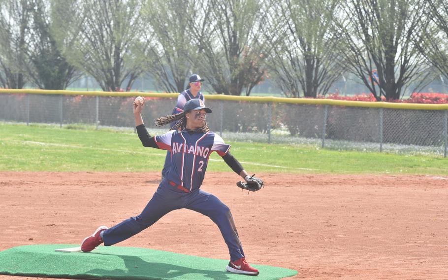 Aviano’s Andrew Walker came in relief in the second game of a doubleheader with Sigonella on Saturday, April 6 2024, and picked up the victory by shutting out the Jaguars the final 21/3 innings.