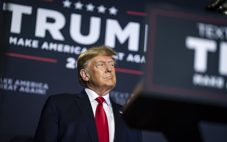 Former president Donald Trump speaks at a campaign event in Manchester, N.H., on April 27, 2023.