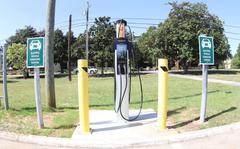 The electric vehicle charging station in front of Bldg. 5700, the Soldier Service Center. Only vehicles receiving the service are allowed to park in the two spaces next to the charger.