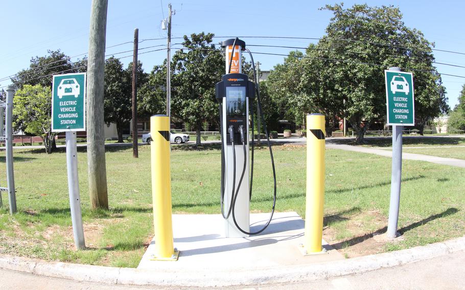 The electric vehicle charging station in front of the soldier service center at Fort Rucker, Ala. Only vehicles receiving the service are allowed to park in the two spaces next to the charger.