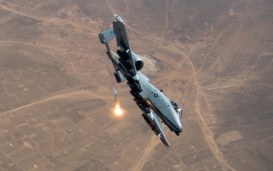 A U.S. Air Force A-10 Thunderbolt II releases counter measure flares over the U.S. Central Command area of responsibility, July 23, 2020. The A-10 Thunderbolt II is a highly accurate airframe that provides U.S. and coalition forces a maneuverable close air support and precision strike platform.