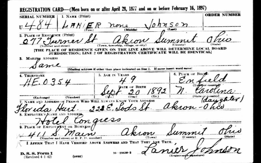 Oscar Mack’s World War II draft card, in which he was registered under his alias, Lanier Johnson. At the time he worked at the Hotel Congress in Akron, Ohio.