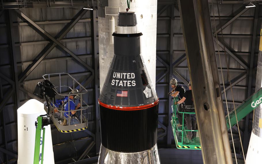 An LV-3B/SM-65D Atlas rocket installation in the Missile Gallery at the National Museum of the U.S. Air Force. This new exhibit represents the launch vehicle for USAF Maj. Gordon Cooper’s Mercury-Atlas 9 mission on May 15-16, 1963.