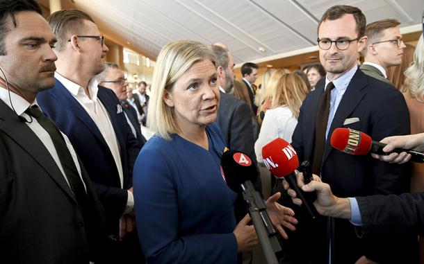 Prime Minister Magdalena Andersson receives media attention prior to the parliamentary debate on the Swedish application for NATO membership, in Stockholm, Monday, May 16, 2022. Sweden's lawmakers debate about applying for NATO membership, paving the way for a historic expansion of the alliance that could deal a serious blow to Russia. 