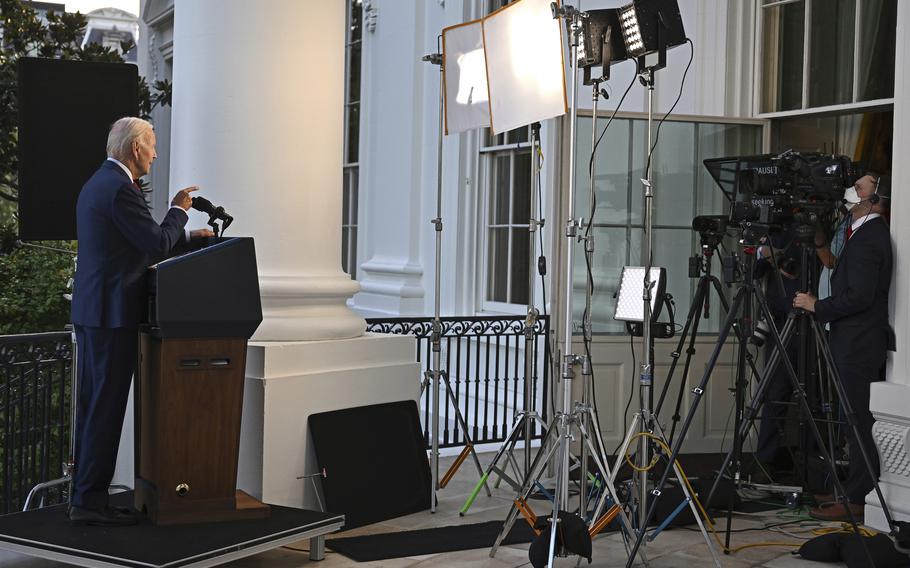 President Joe Biden speaks from the Blue Room Balcony of the White House Monday, Aug. 1, 2022, in Washington, as he announces that a U.S. airstrike killed al-Qaida leader Ayman al-Zawahri in Afghanistan.