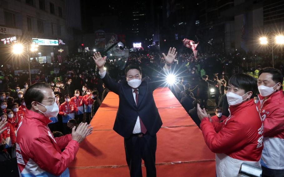 South Korean president-elect Yoon Suk Yeol attends a campaign event in Seoul, South Korea, March 10, 2022. 