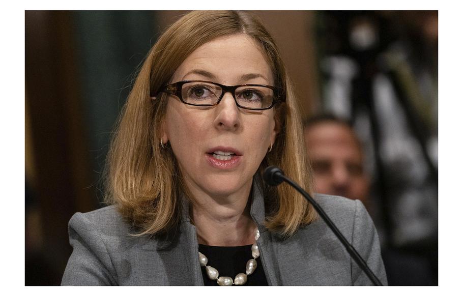 Elizabeth Rosenberg, assistant secretary for terrorist financing and financial crimes, attends a briefing at the U.S. Treasury Department.