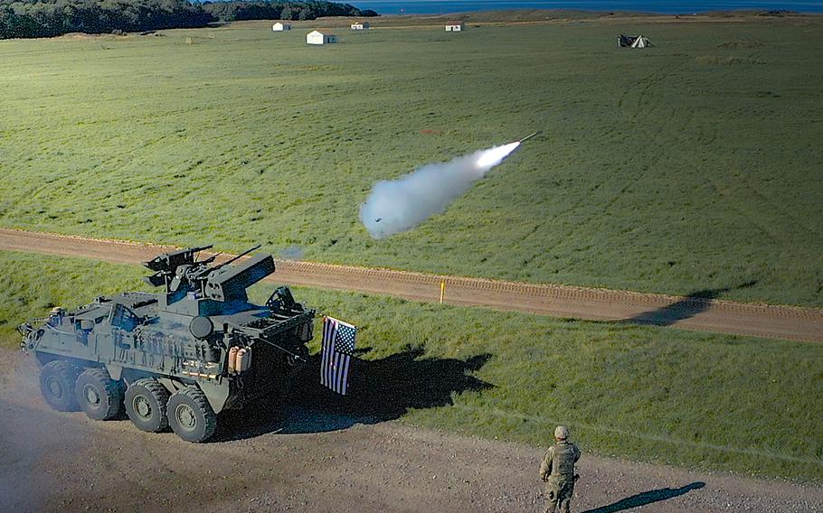 A Stinger missile launches from the new Maneuver Short Range Air Defense system at a German range on the Baltic Sea coast in October 2021. The Pentagon announced June 29, 2022, that it will station a short-range air defense battalion in Germany and in Italy.