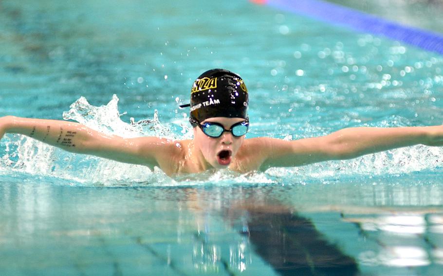 Grant Kester of Vicenza comes up for air in the 9-year-old boys 50-meter butterfly race on Saturday during the European Forces Swim League Short Distance Championship at the Pieter van den Hoogenband Zwemstadion at the Zwemcentrum de Tongelreep.