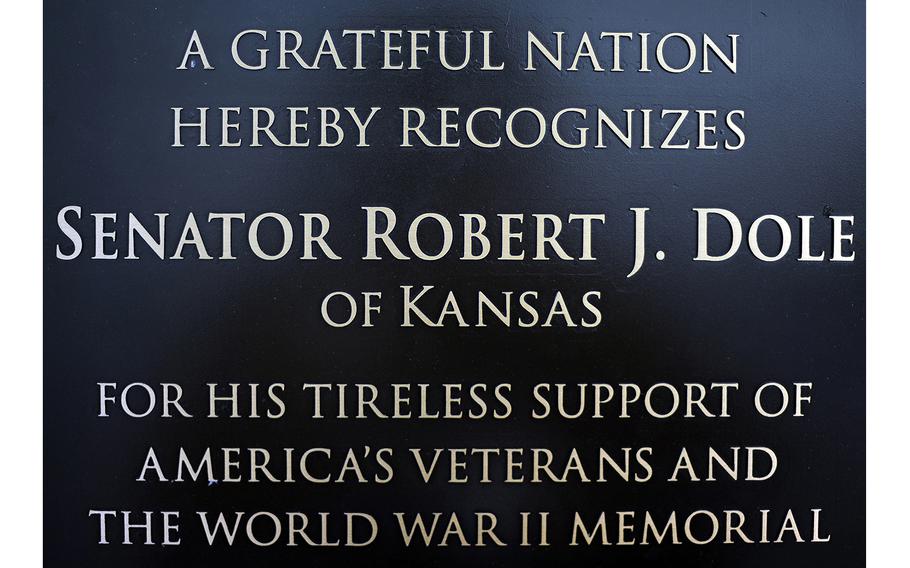 The plaque honoring former Sen. Bob Dole, a World War II veteran, at the World War II Memorial in Washington, D.C.