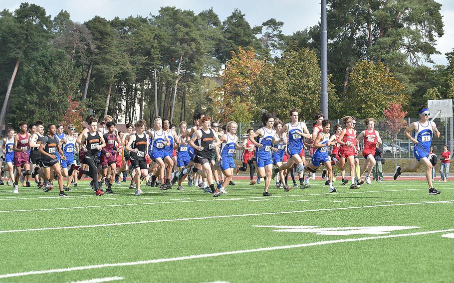 Runners jump out to a quick start during the boys race on Sept. 30, 2023, at Ramstein High School on Ramstein Air Base, Germany.