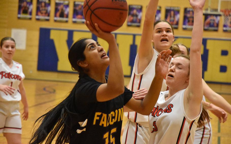 Bahrain’s Mitali Madan shoots during a loss to the American Overseas School of Rome on Wednesday, Feb. 14, 2024, on the opening day of the DODEA European Division II Basketball Championships in Wiesbaden, Germany.