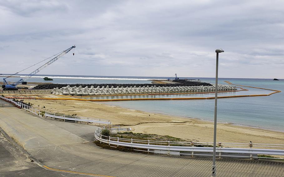 Construction work for a runway into Oura Bay is pictured at Camp Schwab, Okinawa, Jan. 19, 2019.