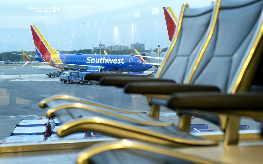 A Southwest Airlines plane at Ronald Reagan National Airport in Arlington in May 2021. 