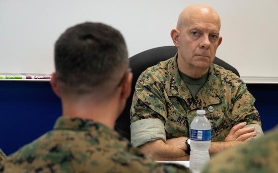 U.S. Marine Corps Gen. David H. Berger, the 38th Commandant of the Marine Corps, receives an update brief from Lt. Col. Andrew D. Myers, commanding officer, Marine Aerial Refueler Transport Squadron 153, Marine Corps Base Hawaii, Feb. 1, 2023. Gen. Berger met with the Marines of Marine Aerial Refueler Transport Squadron 153 to emphasize the importance of the squadron’s mission in projecting power and deterring adversaries throughout the Indo-Pacific theater. (U.S. Marine Corps photo by Cpl. Chandler Stacy)