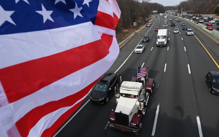 The convoy makes its way along Interstate 495 in Virginia on Sunday. 