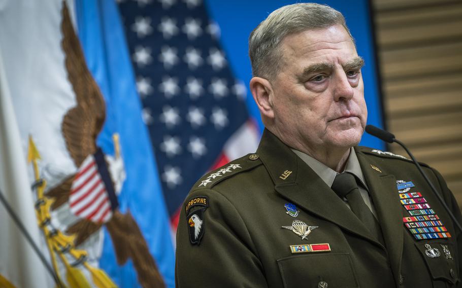 Gen. Mark A. Milley, chairman of the Joint Chiefs of Staff, answers questions during a press conference at NATO headquarters in Brussels, Belgium, on Feb. 14, 2023. Austin hosted the ninth meeting of the Ukraine Defense Contact Group that brought together 54 countries for continuing discussions on support to Ukraine in its war with Russia.