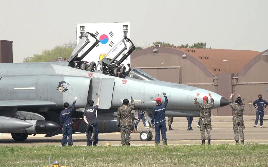 A South Korean air force F-4 Phantom II prepares to take off from an unspecified base in South Korea, April 18, 2024. 