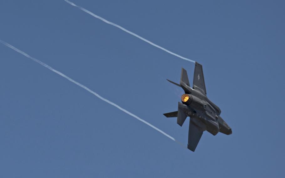Maj. Kristin Wolfe, F-35A Lightning II Demonstration Team commander and pilot, assigned to Hill Air Force Base, Utah, flies the F-35A during Aero India 23 at Air Force Station Yelahanka, Bengaluru, India, Feb. 14, 2023.