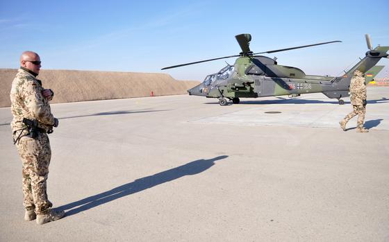 Camp Marmal, Afghanistan, Dec. 20, 2012: A Tiger attack helicopter readies for take-off Thursday at Camp Marmal, near Mazar-e Sharif in northern Afghanistan. The German army recently sent four Tigers to Afghanistan. The delivery represents the first attack helicopter deployment in the history of the German army and has been a long time in the making, with pilots training for nearly two years for the mission amid delays and political wrangling.

Read Stars and Stripes' coverage of the historic deployment here.
https://www.stripes.com/news/german-attack-helicopters-to-augment-forces-in-afghanistan-1.201428

META TAGS: Operation Enduring Freedom; German army; 
