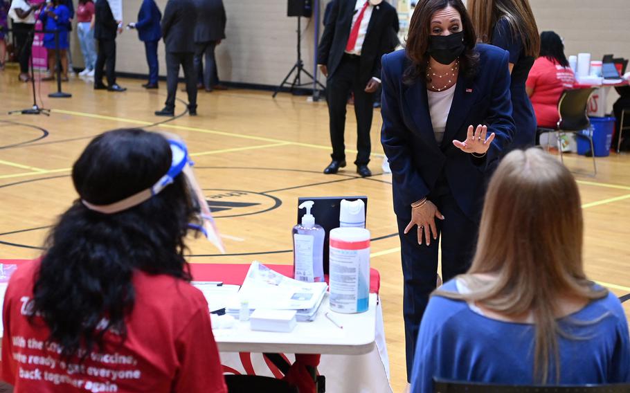 Vice President Kamala Harris speaks visits a COVID-19  pop-up vaccination site at the YMCA in Greenville, S.C., on June 14, 2021.