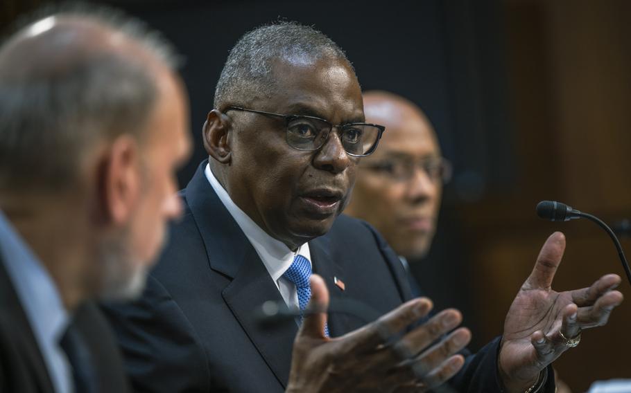 Secretary of Defense Lloyd J. Austin III testifies at a Senate Armed Services Committee hearing on the Department of Defense fiscal 2025 budget request at the Hart Senate Office Building in Washington, Tuesday, March 9, 2024. 