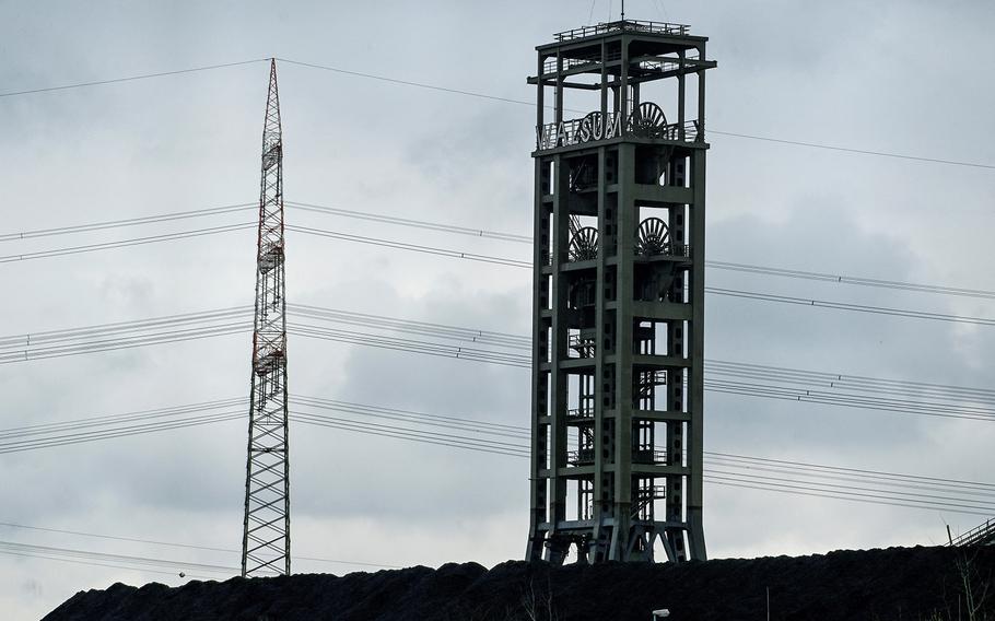 A photo taken on April 5, 2022, shows the storage site of hard coal for the coal-fired power plant of the German energy supplier Steag in Duisburg, western Germany. A new sanctions package prepared by the European Union against Russia is set to include coal, France’s foreign minister said on April 5.