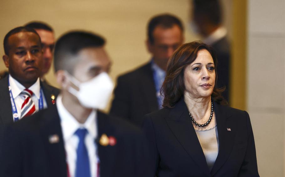 U.S. Vice President Kamala Harris arrives for the Economic Leaders Meeting during the Asia-Pacific Economic Cooperation, APEC summit, Saturday, Nov. 19, 2022, in Bangkok, Thailand.